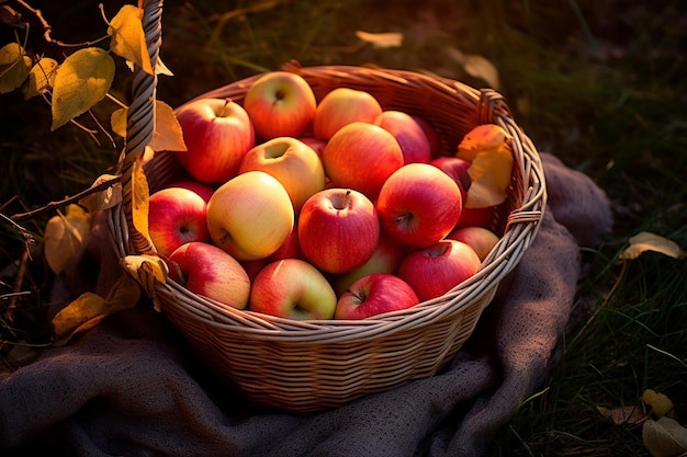 Pommes juteuses sur un plateau en osier entouré de feuilles d'automne tombées Belle branche avec IA générative