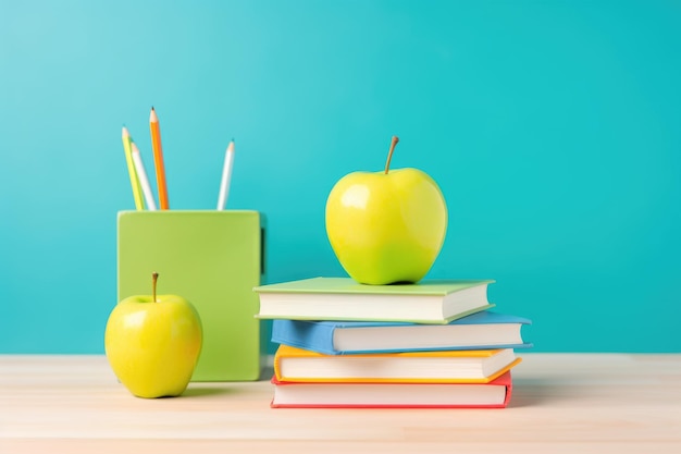 pommes et livres scolaires sur la table nourriture intelligente