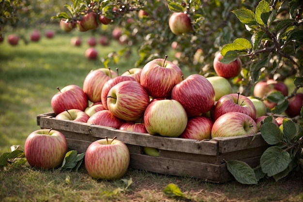 pommes mûres dans une caisse en bois