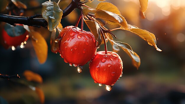 pommes mûres juteuses sur des branches couvertes de rosée