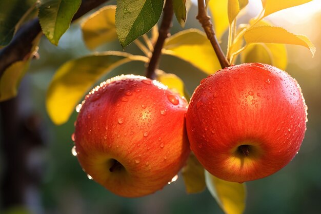 Pommes mûres rouges accrochées à une branche