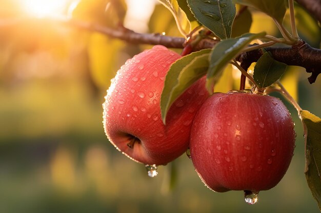 Des pommes mûres rouges accrochées à une branche