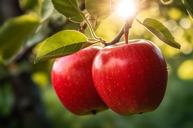 Des pommes mûres rouges accrochées à une branche