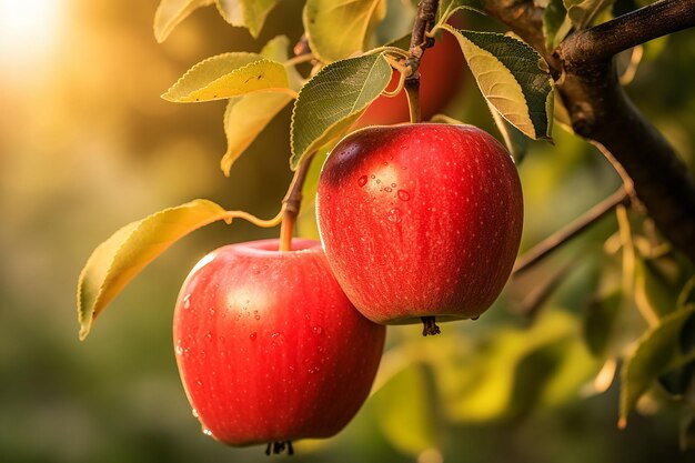 Des pommes mûres rouges accrochées à une branche