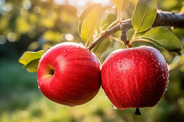 Des pommes mûres rouges accrochées à une branche