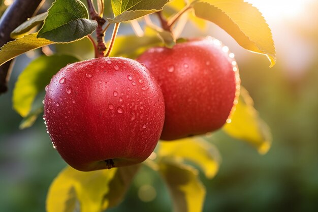 Des pommes mûres rouges accrochées à une branche