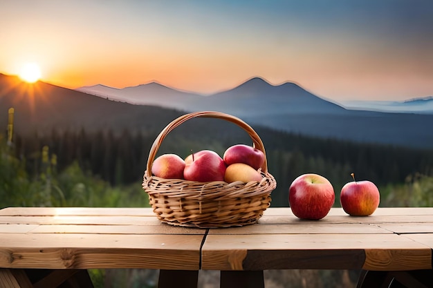 pommes et un panier de pommes sur une table avec des montagnes en arrière-plan.