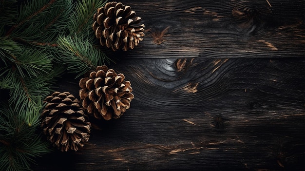 Pommes de pin sur fond noir avec une branche de pin