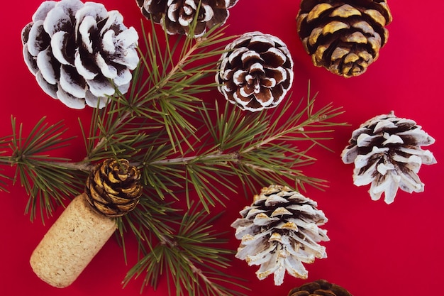 Pommes de pin sur fond rouge Décorations de Noël Ornements d'arbre de Noël