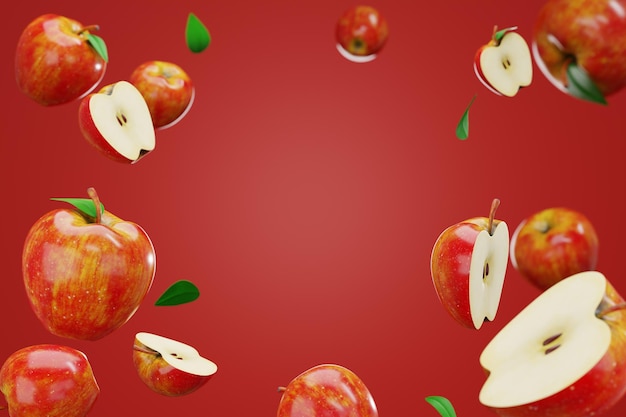 Pommes sur un podium sur fond rouge 3d illustration