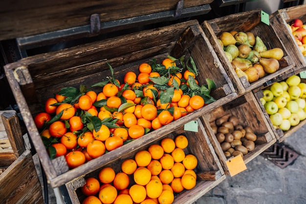 Pommes, poires, kiwis, mandarines, oranges biologiques au marché de producteurs