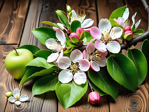 Des pommes de printemps en fleurs sur un fond en bois