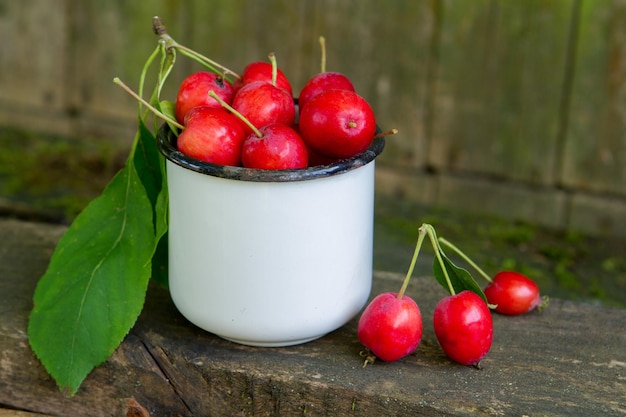 Pommes ranetki en coupe sur fond de bois gris