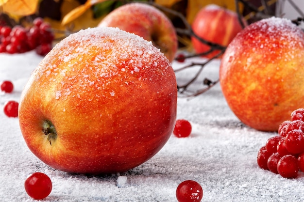 Pommes rayées saupoudrées de sucre en poudre. Le plat simule des pommes dans la neige