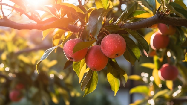 Des pommes rouges sur un arbre au soleil