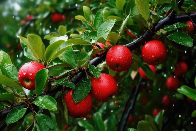 Pommes rouges sur une branche avec les feuilles dessus