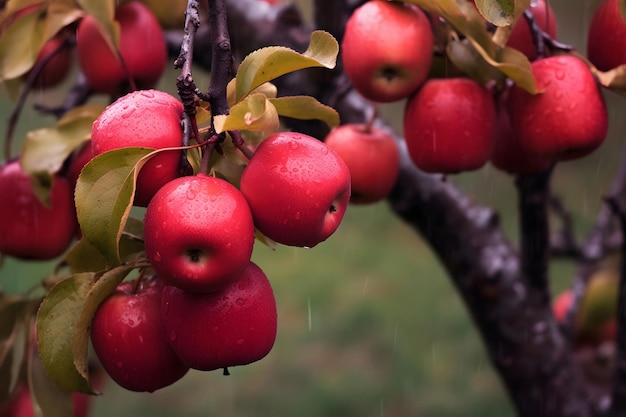 Des pommes rouges sur une branche sous la pluie