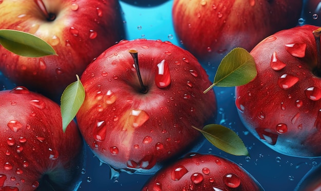 Photo des pommes rouges croustillantes avec des gouttelettes d'eau vibrantes sur un fond bleu ai generative