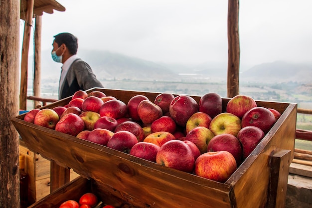 Pommes rouges dans un panier en bois sur un marché