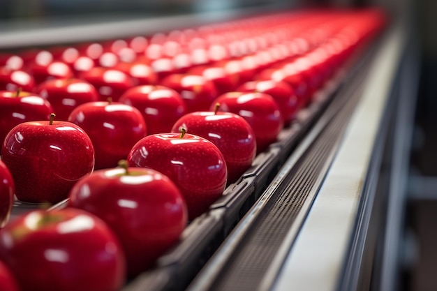 Des pommes rouges fraîches sur une chaîne de transport