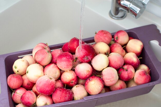 Pommes rouges fraîches dans l'évier de la cuisine, gros plan. Pommes dans une passoire, lavées à l'eau courante.