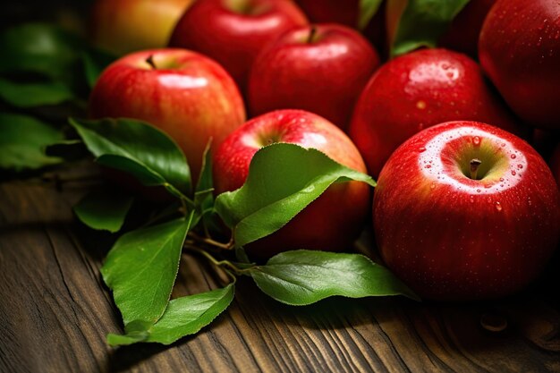 Pommes rouges fraîches avec des feuilles vertes sur fond de bois marron