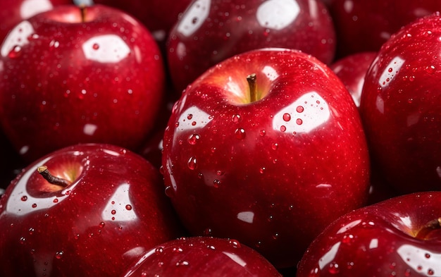 Des pommes rouges fraîches avec des gouttes d'eau de près