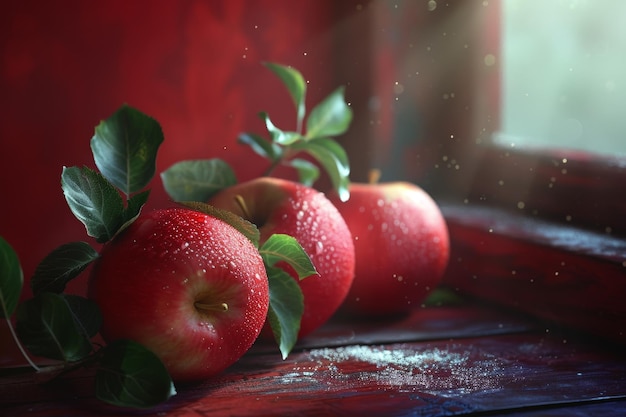 Pommes rouges fraîches avec des gouttes d'eau sur une surface en bois