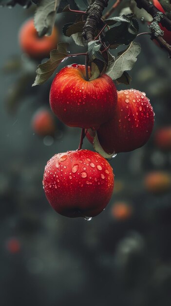 Des pommes rouges avec des gouttes d'eau accrochées à une branche.