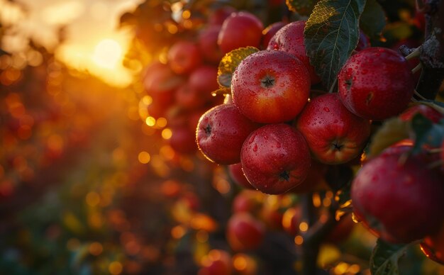 Des pommes rouges mûres biologiques sur l'arbre du verger avec une éruption solaire