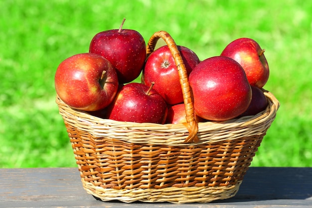 Pommes rouges mûres dans un panier en osier à l'extérieur