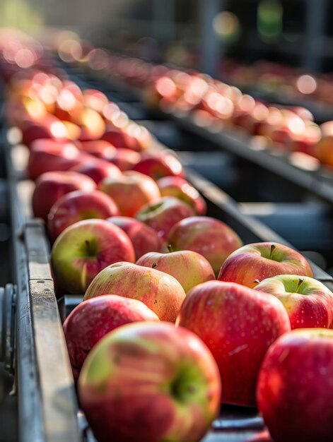 Des pommes rouges mûres sur une ligne d'emballage capturées dans un fond flou pour souligner la fraîcheur et la qualité biologique de la production agricole
