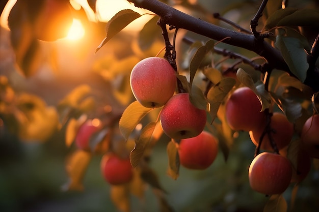 Des pommes rouges mûres sont accrochées à une lumière de coucher de soleil sur une branche d'arbre générée par l'IA