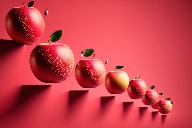 Les pommes rouges et mûres sont disposées dans une rangée avec une pomme qui vole