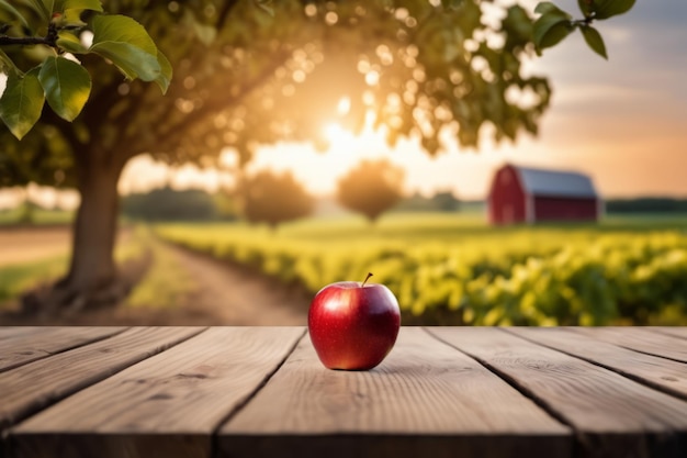 Pommes rouges sur une table en bois ensoleillée avec fond de ferme de pommes récolte fraîche et juteuse