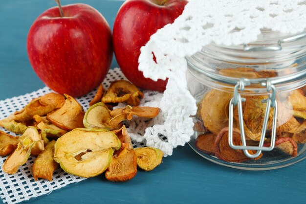 Photo des pommes séchées dans un pot en verre sur un fond en bois de couleur