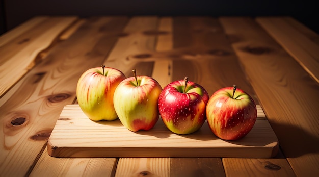 Des pommes sur une table en bois.