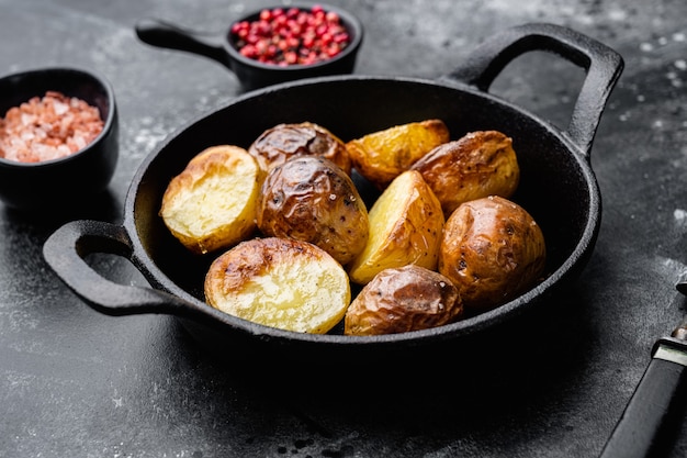 Pommes de terre au four aux herbes et à l'ail, dans une poêle en fonte, sur fond de table en pierre noire noire