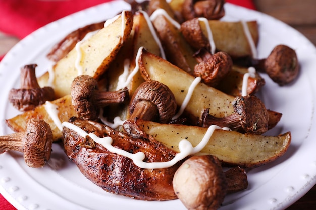 Pommes de terre au four avec champignons et sauce sur plaque close up