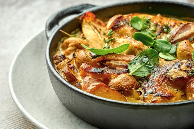 Pommes de terre au four dans une sauce crémeuse avec du poulet et du fromage. Gros plan, mise au point sélective