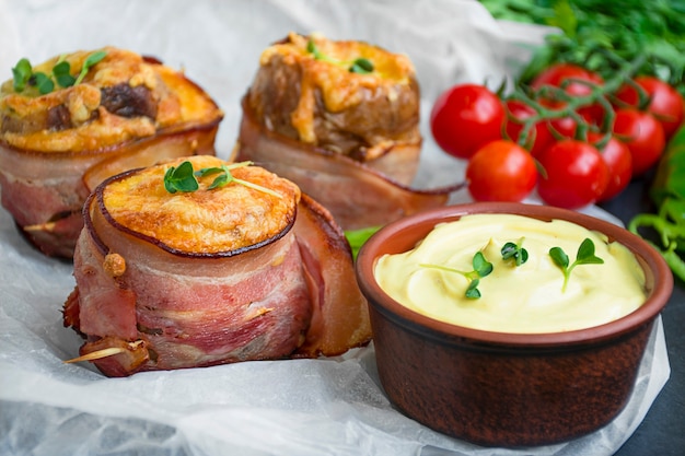 Pommes de terre au four avec du fromage enveloppé de bacon sur une table sombre. Fermer.