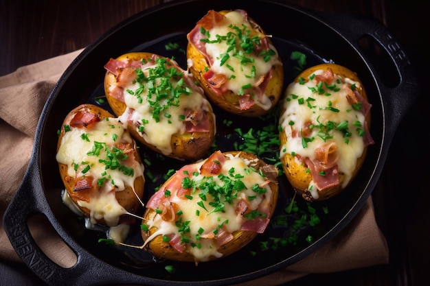 Des pommes de terre au four avec du prosciutto et du fromage dans une casserole