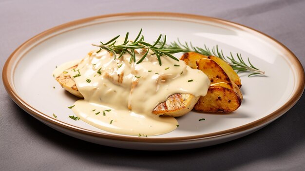 Pommes de terre au four avec tranche de poulet et crème