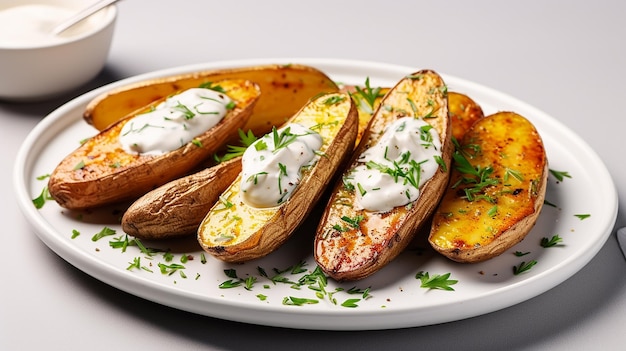 Pommes de terre au four avec trempette au yaourt sur une assiette