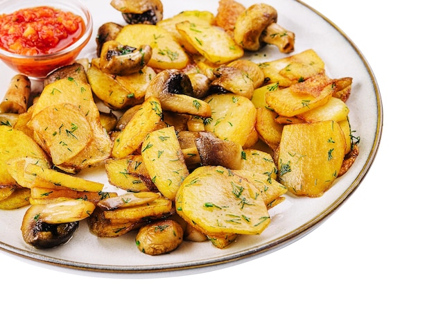 Pommes de terre aux champignons frits sur une assiette