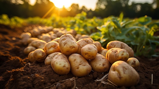 Des pommes de terre biologiques poussant dans le champ au coucher du soleil Concept agricole