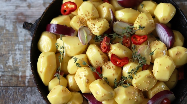 Pommes de terre crues dans une casserole