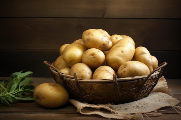 Des pommes de terre crues fraîches dans un panier sur une planche de chêne rustique