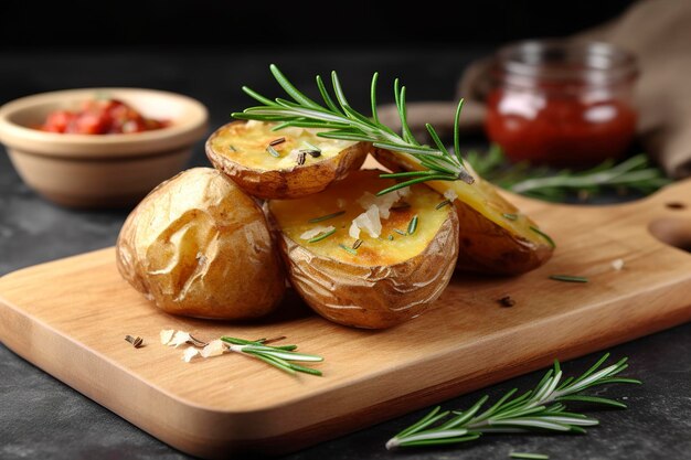 Des pommes de terre cuites au four et du romarin aromatique servis sur une planche de bois génèrent un