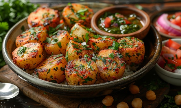 Des pommes de terre cuites au four avec des herbes et des épices sur assiette